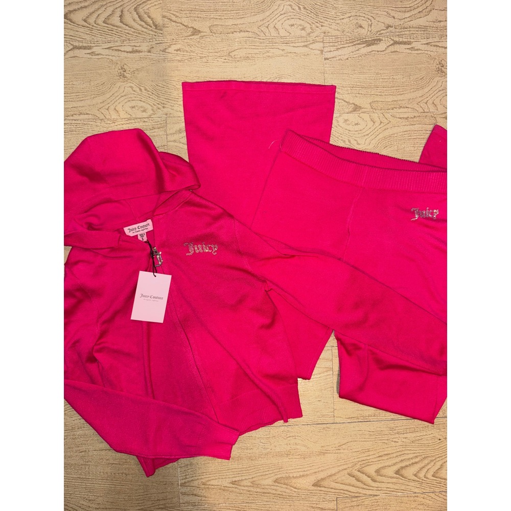 NWT Juicy Couture Vixen Pink Knit Tracksuit Set Hoodie Flare Pants Small‎